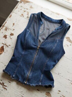 Blue Jeans Mesh Inserts Zipper Vest